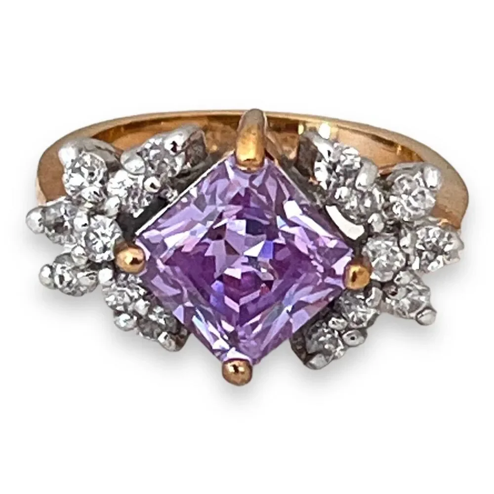 Vintage 1980s Lavender CZ Ring Size 9 Princess Cut 14KTGE Gold Plate - 14F